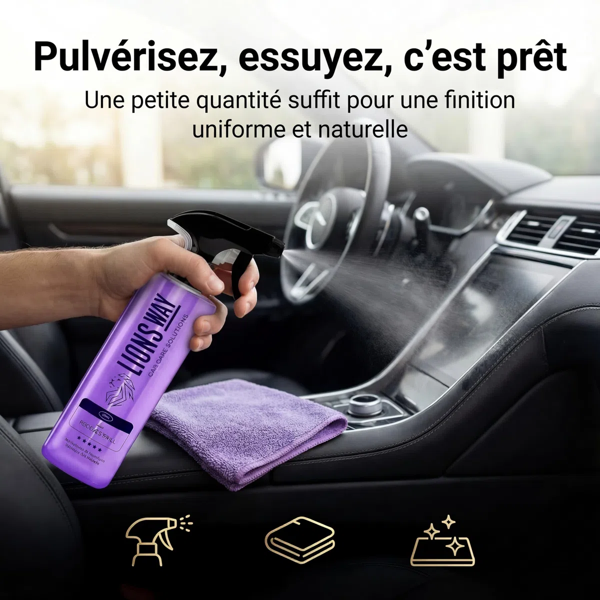 LionsWay : Nettoyant Tableau de Bord Voiture 500ml + Chiffon | Nettoie, Protège et Parfume (Parfum Floral) | Sans Silicone, Finition Satinée Naturelle, Formule Anti-Traces