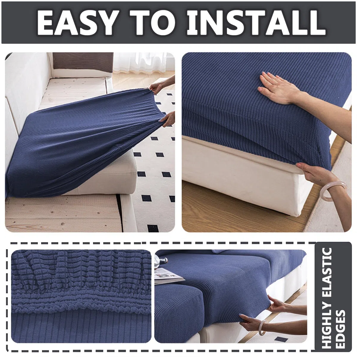 Housses de siège extensibles pour rembourrage de caravane - Imperméable et antidérapante - Avec cordon de serrage - Pour camping-car, caravane - Intérieur - Bleu marine - L 65-95 cm, l 40-65 cm