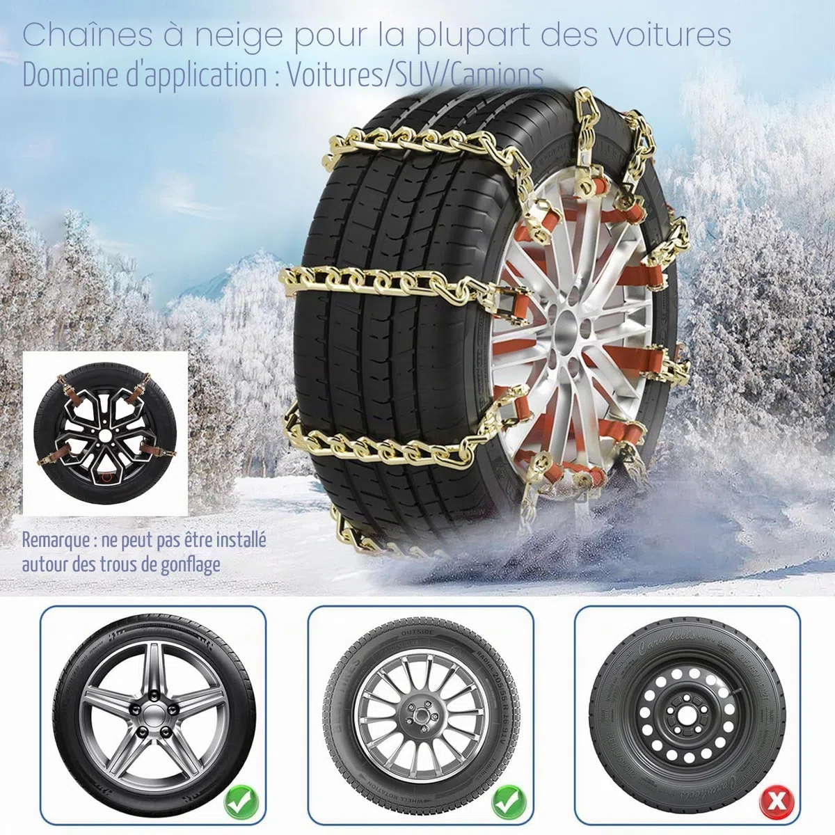 8 pièces de chaînes à neige d’urgence antidérapantes, universelles pour une largeur de pneu de 175-285 mm, pour la plupart des voitures/SUV/camions en acier inoxydable