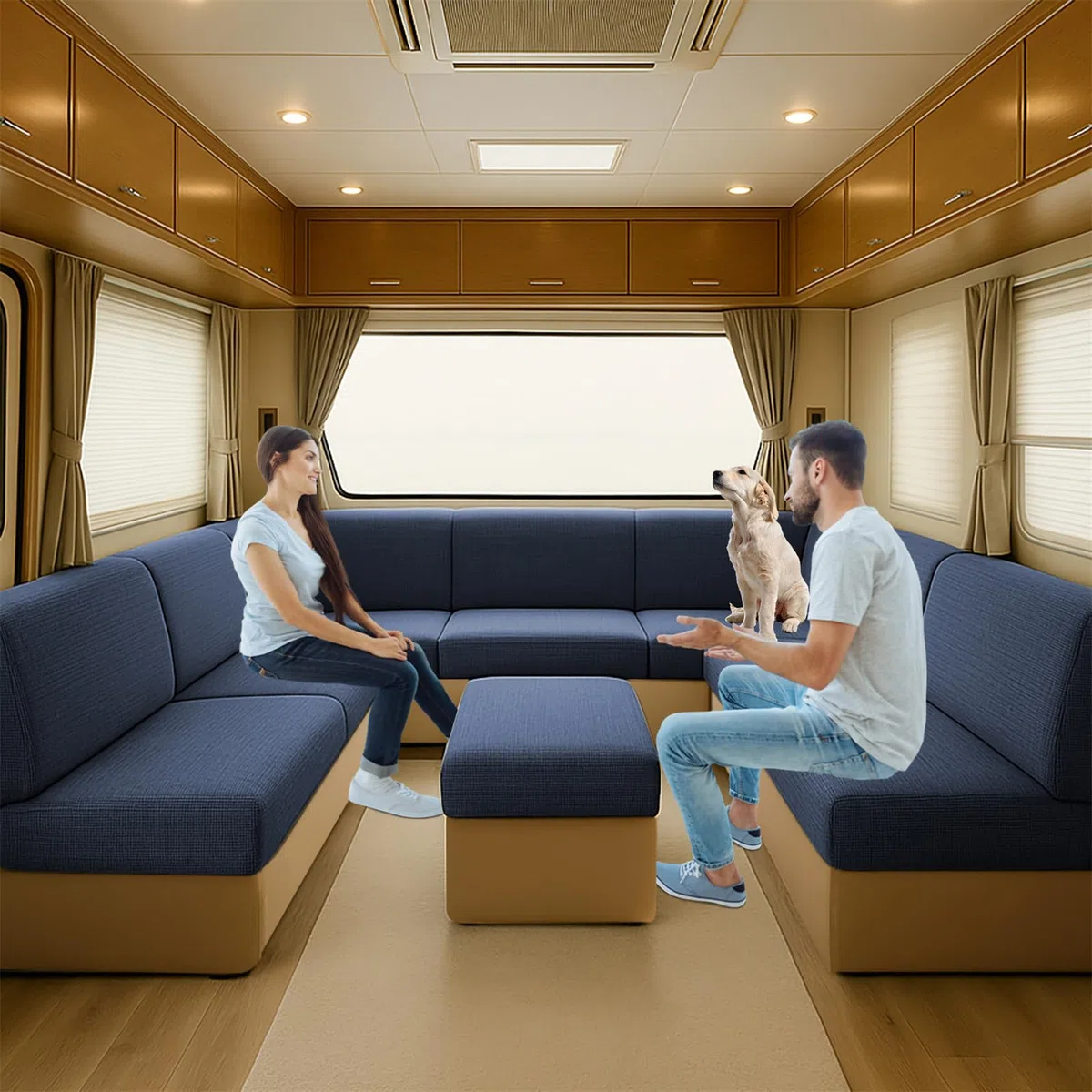 Housses de siège extensibles pour rembourrage de caravane - Imperméable et antidérapante - Avec cordon de serrage - Pour camping-car, caravane - Intérieur - Bleu marine - L 65-95 cm, l 40-65 cm