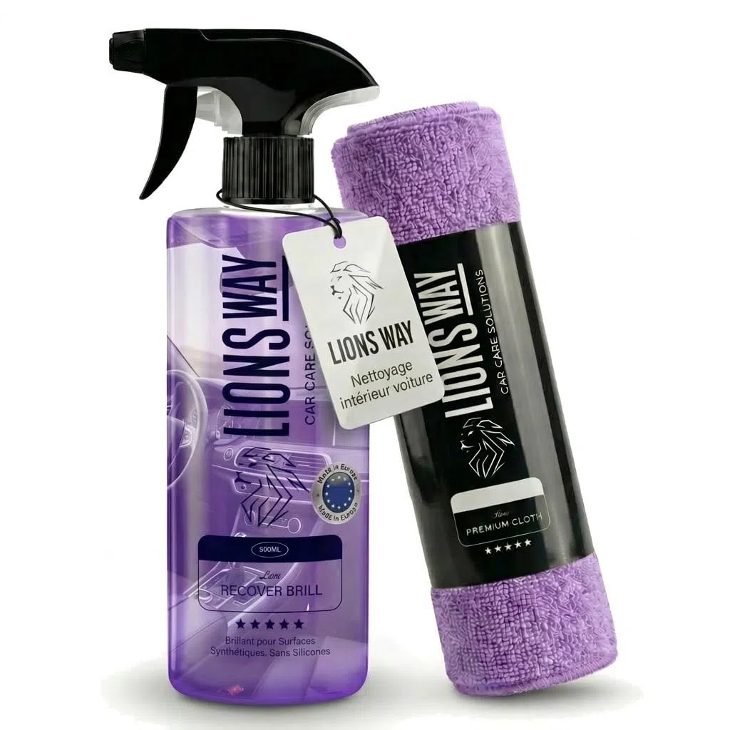 LionsWay : Nettoyant Tableau de Bord Voiture 500ml + Chiffon | Nettoie, Protège et Parfume (Parfum Floral) | Sans Silicone, Finition Satinée Naturelle, Formule Anti-Traces