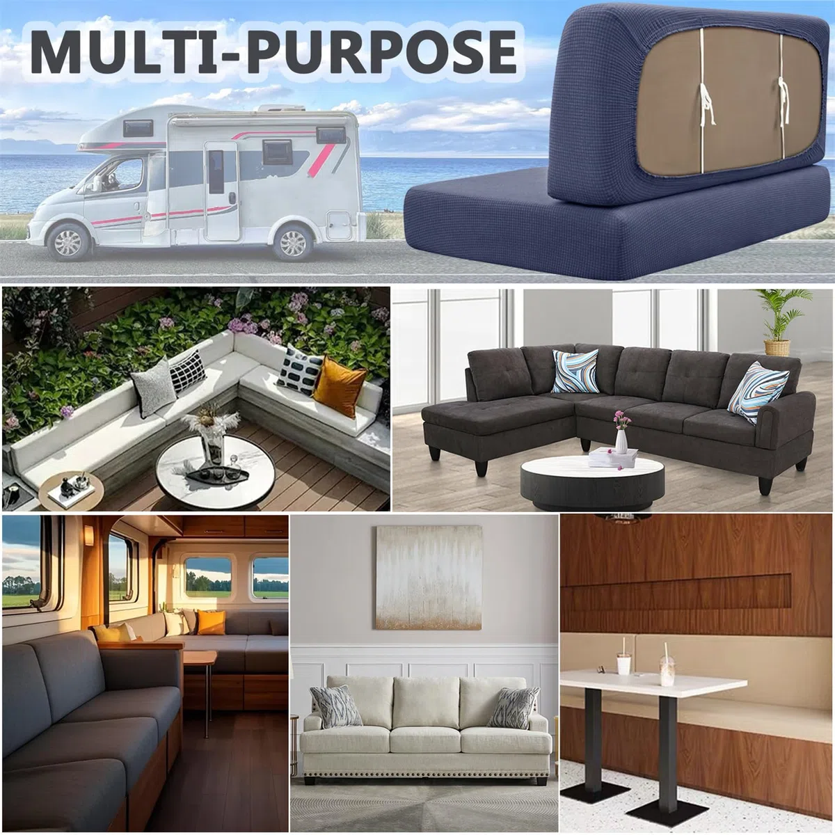 Housses de siège extensibles pour rembourrage de caravane - Imperméable et antidérapante - Avec cordon de serrage - Pour camping-car, caravane - Intérieur - Bleu marine - L 65-95 cm, l 40-65 cm