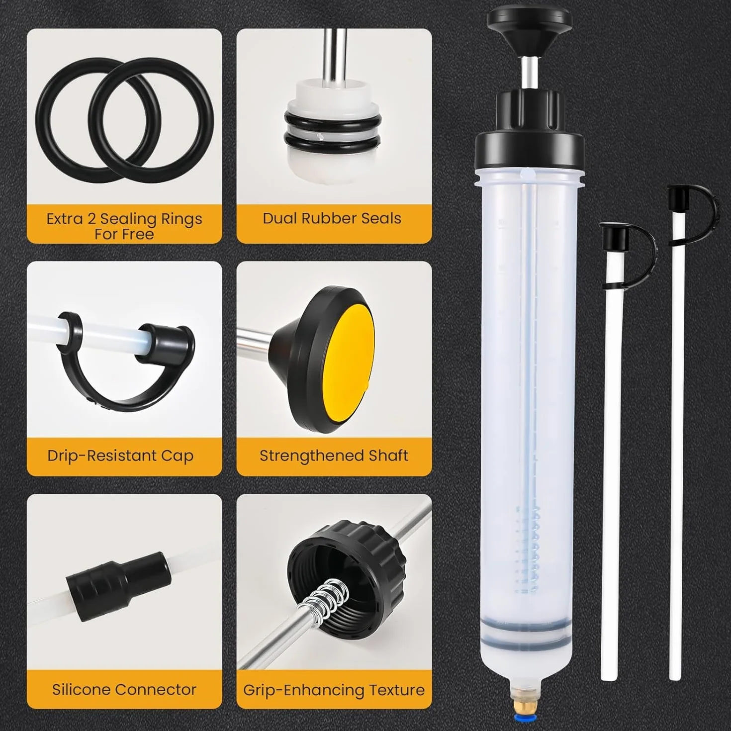 Seringue a Huile 500ml Huile Aspiration Seringue, Pompe Vidange Huile Moteur avec 2 Tuyaux et Une Paire D'anneaux en Caoutchouc de Rechange pour Liquide de Frein et Huiles de Transmission