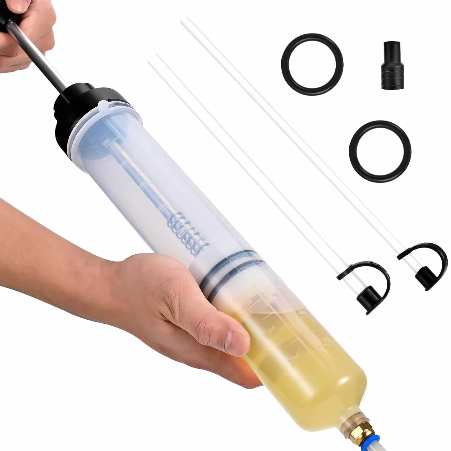 Seringue a Huile 500ml Huile Aspiration Seringue, Pompe Vidange Huile Moteur avec 2 Tuyaux et Une Paire D'anneaux en Caoutchouc de Rechange pour Liquide de Frein et Huiles de Transmission