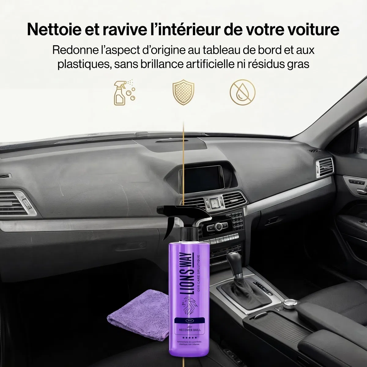 LionsWay : Nettoyant Tableau de Bord Voiture 500ml + Chiffon | Nettoie, Protège et Parfume (Parfum Floral) | Sans Silicone, Finition Satinée Naturelle, Formule Anti-Traces