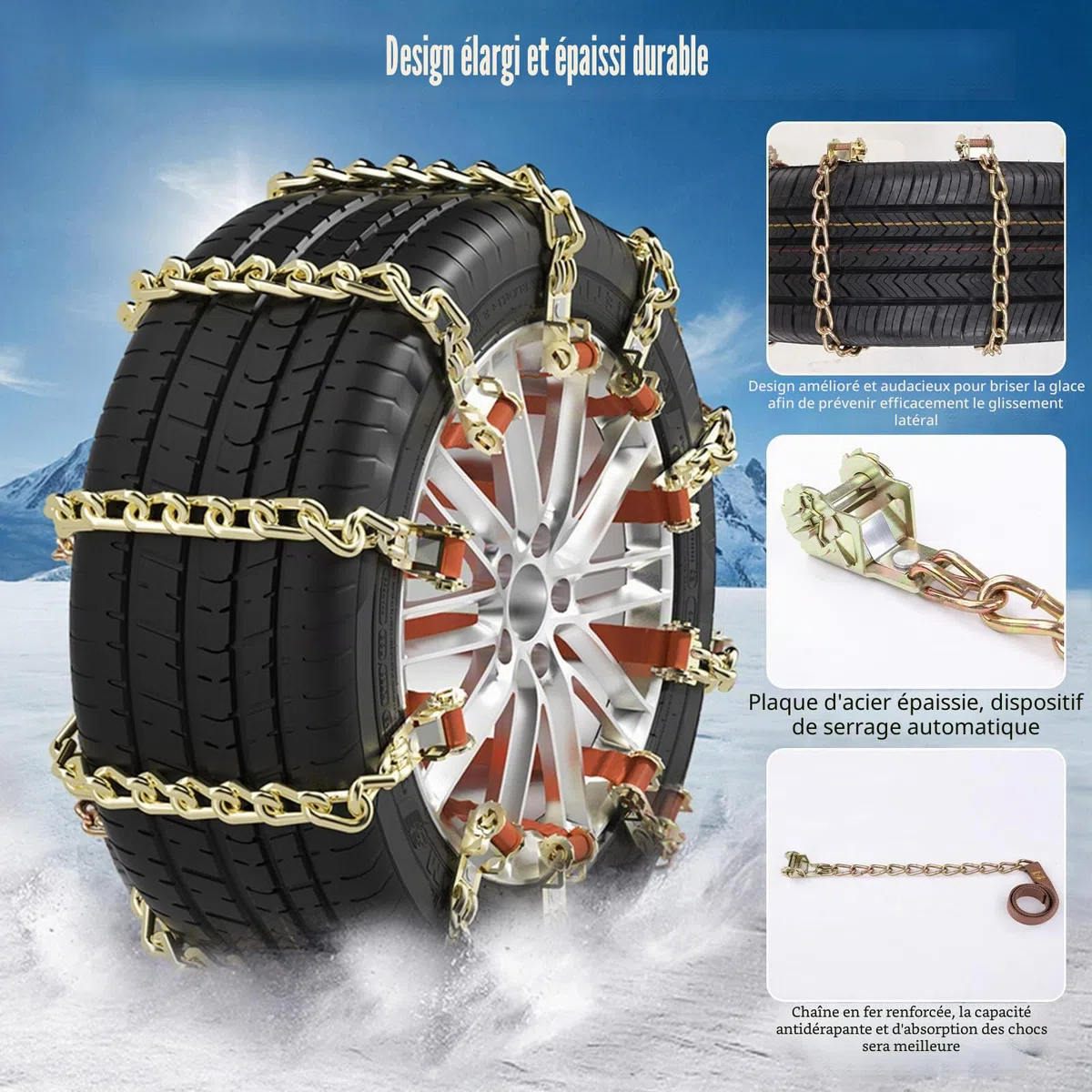 8 pièces de chaînes à neige d’urgence antidérapantes, universelles pour une largeur de pneu de 175-285 mm, pour la plupart des voitures/SUV/camions en acier inoxydable
