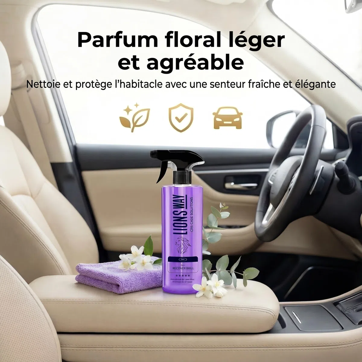 LionsWay : Nettoyant Tableau de Bord Voiture 500ml + Chiffon | Nettoie, Protège et Parfume (Parfum Floral) | Sans Silicone, Finition Satinée Naturelle, Formule Anti-Traces