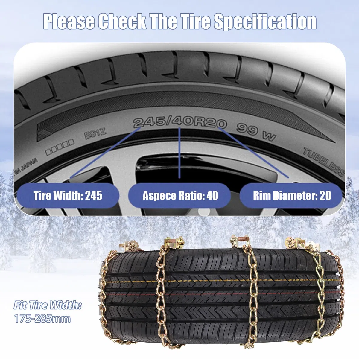 8 pièces de chaînes à neige d’urgence antidérapantes, universelles pour une largeur de pneu de 175-285 mm, pour la plupart des voitures/SUV/camions en acier inoxydable